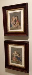 2 Pcs Vintage Framed Prints Of Boy & Girl In Dark Frames, 13' X 15'H