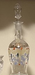 Antique Enameled Clear Glass Vanity Bottle With Stopper, 3.5' Diam. X 9.5'H
