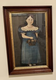 Antique Lithograph Of Girl In Blue Dress Holding Flower Basket, 18.5' X 27'H