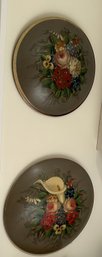 2 Pcs Vintage Round Hand Painted Floral Convex Wall Plaques, 11' Diam.