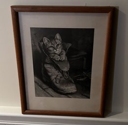 Vintage Well Framed Picture Of Cat In Boot, 12' X 15'H