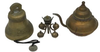 3 Pcs Vintage Brass Bell 4' Diam. X 5'H, Tea Pot (Missing Handle) & Other