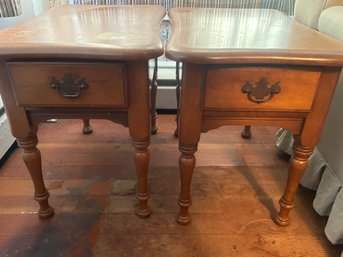 2 Pcs Colonial Maple Finish Single Drawer End Table On Turned Legs, 16.5' X 25.5' X 21.5'H