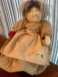 Vintage Rag Doll With Sewing Tomato Needle Cushion In Hand, 12'L