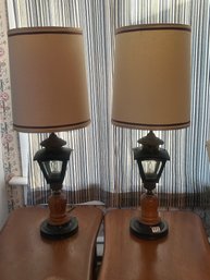 Vintage Pair Lamp Post Lantern Style Table Lamp With Black Metal And Wood Base, 30.5'H