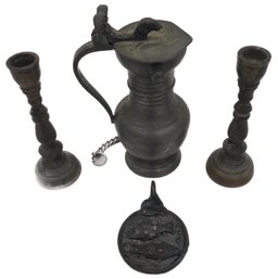 4 Pcs Vintage Miniatures - Candlesticks, Ale Pot & Bronze Pisces Pendant