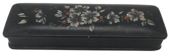 Antique Hand-Painted Black Lacquer Floral Glove Box With Red Lacquer Interior 12' X 4' X 1.75'H