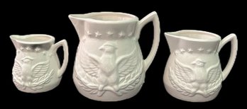 3 Pcs Vintage White Glazed Ceramic Pour Measures With Embossed Eagles, 1-Cup, 1/2-Cup, 1-3-Cup