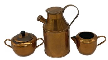3 Pcs Vintage Copper, Creamer & Covered Sugar And Large Milk Container