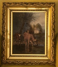 Antique Oil Painting Of Cows At Watering Hole In Gold Frame, 17' X 19.5'H