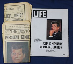 Items From The Assassination Of President John F. Kennedy - Life Magazine & 2 Boston Newspapers