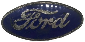 Antique Ford Motor Company Oval Porcelain Car Ornament, Blue & Silver 2-15/16' X 1-3/8'