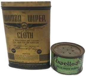 Two (2) Vintage Automobile Related Advertising Tins 1-The Wunda Wiper Cloth & 1-Expello Jr Moth Balls