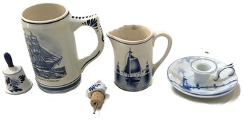 5 Pcs Vintage Delt Blue2-Mugs, Small Bell & Candlestick Holder & Miniature Shoe Pourer, Tallest 5.25'H