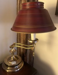 Brass Swing Arm Candlestick Lamp With Maroon Shade, 11' Diam. X 15'H