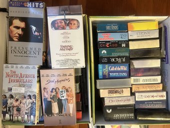 2 Boxes Vintage VHS Cassettes And A Few DVDs, Various Titles And Genre