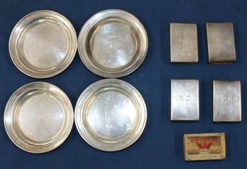 Four Sets Of Personal Individual Smoking Articles - Ashtrays And Match Box Covers