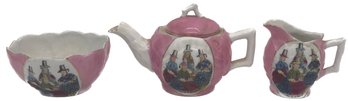 Three (3) Pcs Set Welch Women Transferware Tea Pot, Creamer And Open Sugar, Pink Luster & White