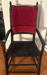 Antique Rush Seat Arm Chair With Knitted Red Throw, 20' X 14' X 35'H
