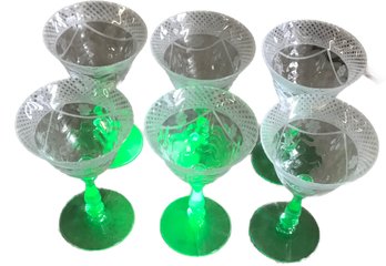 6 Pcs Set Etched Clear & Green Uranium Stemmed Depression Glass Sherry Glasses, 3' Diam. X 4-7/8'H