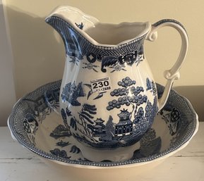Reproduction Blue & White Chinese Blue Willow Themed Bowl & Pitcher, Bowls 13' Diam. & Pitcher 13'H