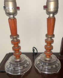 2 Pcs Pair Electrified Candlestick Lights, Clear Glass Bases & Red Orange Bakelite Accents, 4' Diam. X 10'H