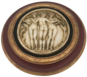 Fabulous Vintage Carved Marble Disk Of The Three Graces Mounted In A Round Gold Gilt Frame, 17' Diam. (OD)
