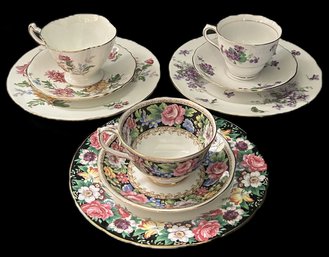 9 Pcs Gorgeous Vintage China Cups, Saucers & Luncheon Plates - 3 -3pcs Sets, Various Makers