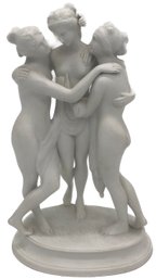 Fabulous Parian Bisque Statue Of Antonio Canova's The Three Graces On Oval Plinth, 6'W X 4'D X 9.5'H