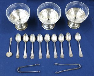 Sterling Lot - 3 Ice Cream Dishes - Glass Inserts - 10 Small Spoon - 2 Sugar Tongs - Total Weight 4.30ozt