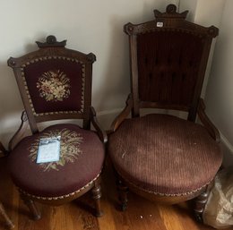 2 Pcs Similar Victorian Carved Walnut Rolling Armless Chair With Round Seat & Tufted Seat Back, Burgundy Mater