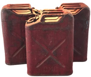 3 Vintage 5-Gallon Metal Jerry Fuel Cans, Original Red Paint, 13' X 6.5' X 18.5'H