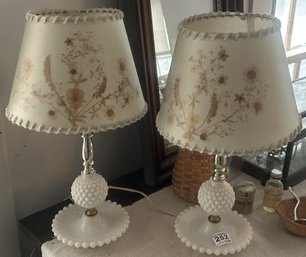2 Pcs Pair White Milk Glass Hobnail Table Lamp With Pressed Flower Shade, 8' Diam. X 15'H