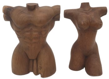 Vintage Pair Carved Wooden Perfect Body Torsos, 1-Female & 1-Male