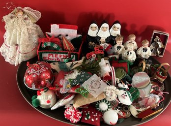Tray Lot Of Various Christmas Decorations, Many Hand Crafted