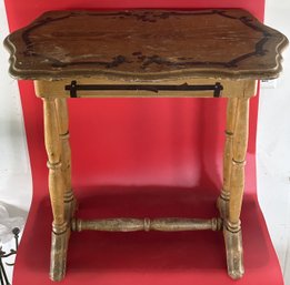 Antique Cottage Painted Single Drawer Lamp Stand With Shaped Top, Turned Legs & Stretcher, 30'19.5' X 27.5'H