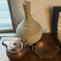 3 Pcs Shallow - Copper Bowl With Brass Handles, Hammered Copper Tea Pot, 7' X 5' X 4.5'H, And Thrown Clay Vase