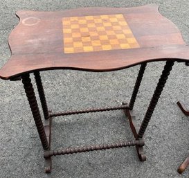 Antique Candle Stand W/Inlaid Checker Game Board, Shaped Top, Twisted Legs & Stretchers, 23' X 15.75' X 27'H