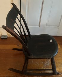 Antique Childs' Black Rocker With Floral Design And Distressed Paint, 15' X 23' 27'H