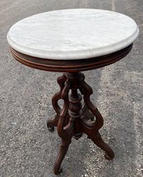 Antique Victorian Round Marble Top Walnut Candle Stand, 18' Diam. X 28.5'H