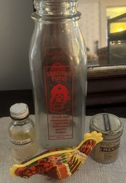 4 Pcs - Vintage Quart Milk Bottle, 2 Medicine Bottles And Tin Chicken Toy
