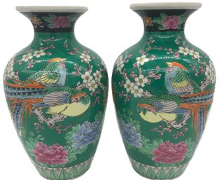 Antique Well Executed Matched Pair Oriental Baluster Shaped Vases, 7.5' Diam. X 12'H, Marked 'FOREIGN'