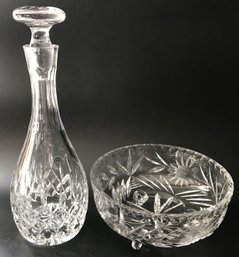 2 Pcs Vintage Lead Crystal -1 Galway Decanter 12.5'H & 3-Footed Sunflower Etched Bowl, 7.75' Diam. X 3-5/8'H
