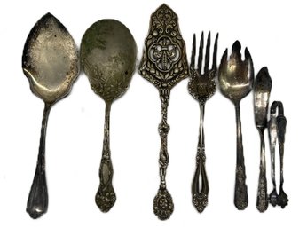 7 Pcs Vintage & Antique Silver Plate Serving Pieces, Repousse Spoon Marked Stratfor Silver Co
