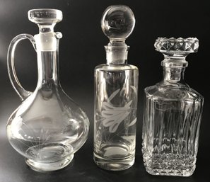 3 Pcs Vintage Crystal Decanter With Stoppers, 2-Etched With Florals, Tallestest 12.25'H