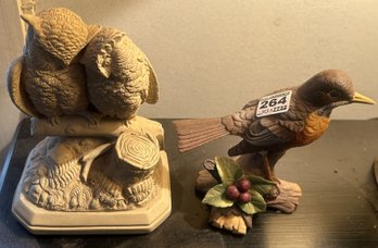 Ceramic Robin Figurine And Pair Of Owls Statue (ALVA Museum Replica), 5.5' X 4' X 8'H
