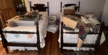 Vintage Pair Carved Mahogany Twin Beds With Headboard And Foot Boards & Side Rails