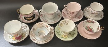 16 Pcs Elegant Vintage China - 8 Sets Tea Cups & Saucers, Various Makers, Have A Tea Party
