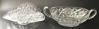 2 Pcs Vintage Footed, Pressed Crystal Serving Pieces, Curved Bread Basket & Oval Handled 12.75' X 6.5' X 4.5'H