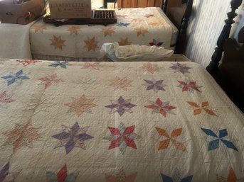 2 Pcs Similar Twin Pinwheel Quilts, One Has Staining And More Wear Than Other